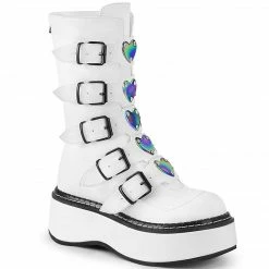 DEMONIA EMILY-330 Black Hologram White Vegan Leather Goth Heart Platform Boots
