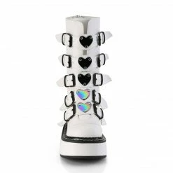 DEMONIA EMILY-330 Black Hologram White Vegan Leather Goth Heart Platform Boots