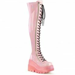 DEMONIA Shaker-374-1 Pink Hologram Lace Up Zipper Detail Goth Thigh Boots
