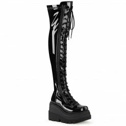 DEMONIA Shaker-374 Black Patent Lace Up Zipper Detail Goth Thigh Boots