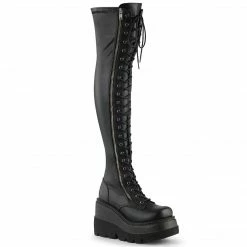 DEMONIA Shaker-374 Black Vegan Leather Lace Up Zipper Detail Goth Thigh Boots