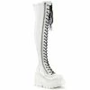 DEMONIA Shaker-374 White Hologram Lace Up Zipper Detail Goth Thigh Boots