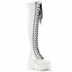DEMONIA Shaker-374 White Hologram Lace Up Zipper Detail Goth Thigh Boots