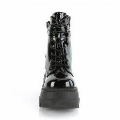 DEMONIA Shaker-52 Black Patent Goth Platform Wedge Ankle Calf Boots
