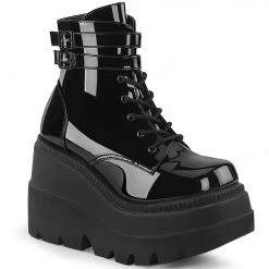 DEMONIA Shaker-52 Black Patent Goth Platform Wedge Ankle Calf Boots