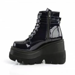 DEMONIA Shaker-52 Black Hologram Goth Platform Wedge Ankle Calf Boots