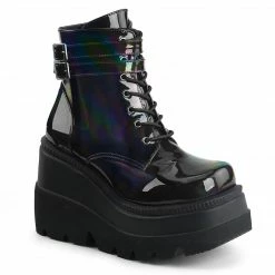 DEMONIA Shaker-52 Black Hologram Goth Platform Wedge Ankle Calf Boots