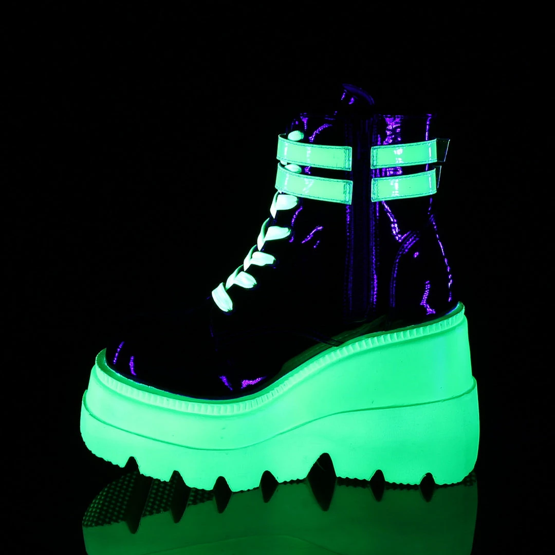 DEMONIA Shaker-52 UV Reactive Neon Green Goth Platform Wedge Ankle Calf Boots