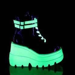 DEMONIA Shaker-52 UV Reactive Neon Green Goth Platform Wedge Ankle Calf Boots