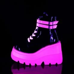 DEMONIA Shaker-52 UV Reactive Neon Pink Goth Platform Wedge Ankle Calf Boots