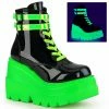 DEMONIA Shaker-52 UV Reactive Neon Green Goth Platform Wedge Ankle Calf Boots