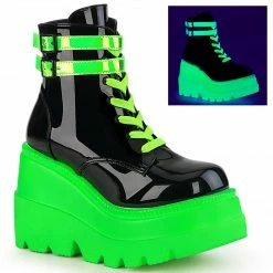 DEMONIA Shaker-52 UV Reactive Neon Green Goth Platform Wedge Ankle Calf Boots