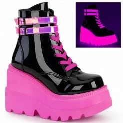 DEMONIA Shaker-52 UV Reactive Neon Pink Goth Platform Wedge Ankle Calf Boots