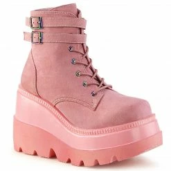 DEMONIA Shaker-52 Pink Vegan Suede Goth Platform Wedge Ankle Calf Boots
