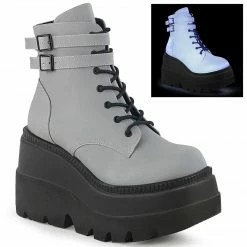 DEMONIA Shaker-52 Grey Reflective Goth Platform Wedge Ankle Calf Boots