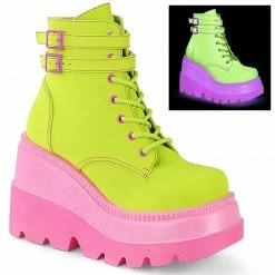DEMONIA Shaker-52 Lime Reflective Pink Goth Platform Wedge Ankle Calf Boots
