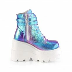 DEMONIA Shaker-52 Purple Multi Iridescent Goth Platform Wedge Ankle Calf Boots