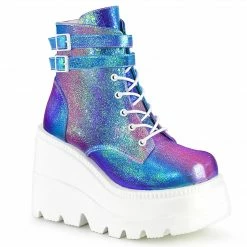 DEMONIA Shaker-52 Purple Multi Iridescent Goth Platform Wedge Ankle Calf Boots