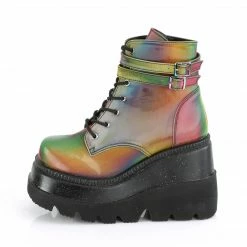 DEMONIA Shaker-52 Rainbow Reflective Goth Platform Wedge Ankle Calf Boots