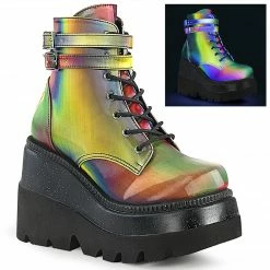 DEMONIA Shaker-52 Rainbow Reflective Goth Platform Wedge Ankle Calf Boots