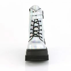 DEMONIA Shaker-52 Silver Hologram Goth Platform Wedge Ankle Calf Boots