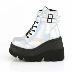 DEMONIA Shaker-52 Silver Hologram Goth Platform Wedge Ankle Calf Boots