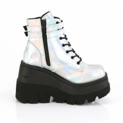 DEMONIA Shaker-52 Silver Hologram Goth Platform Wedge Ankle Calf Boots