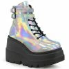 DEMONIA Shaker-52 Silver Hologram Goth Platform Wedge Ankle Calf Boots