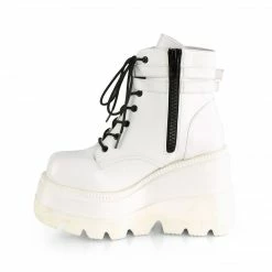 DEMONIA Shaker-52 White Vegan Leather Goth Platform Wedge Ankle Calf Boots
