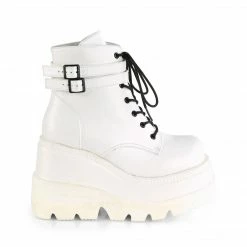 DEMONIA Shaker-52 White Vegan Leather Goth Platform Wedge Ankle Calf Boots