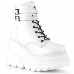 DEMONIA Shaker-52 White Vegan Leather Goth Platform Wedge Ankle Calf Boots