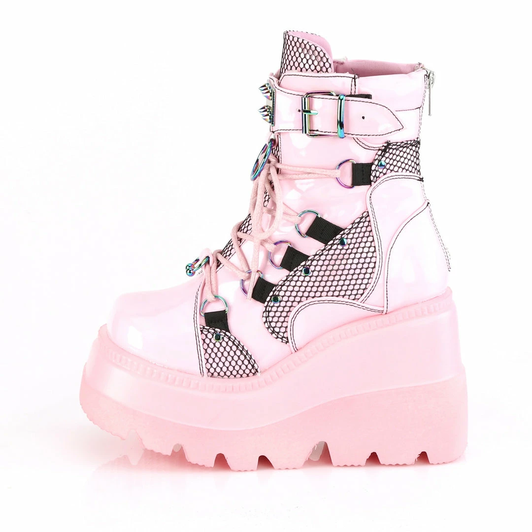DEMONIA Shaker-60 Pink Spike Stud Fishnet Goth Platform Wedge Ankle Calf Boots