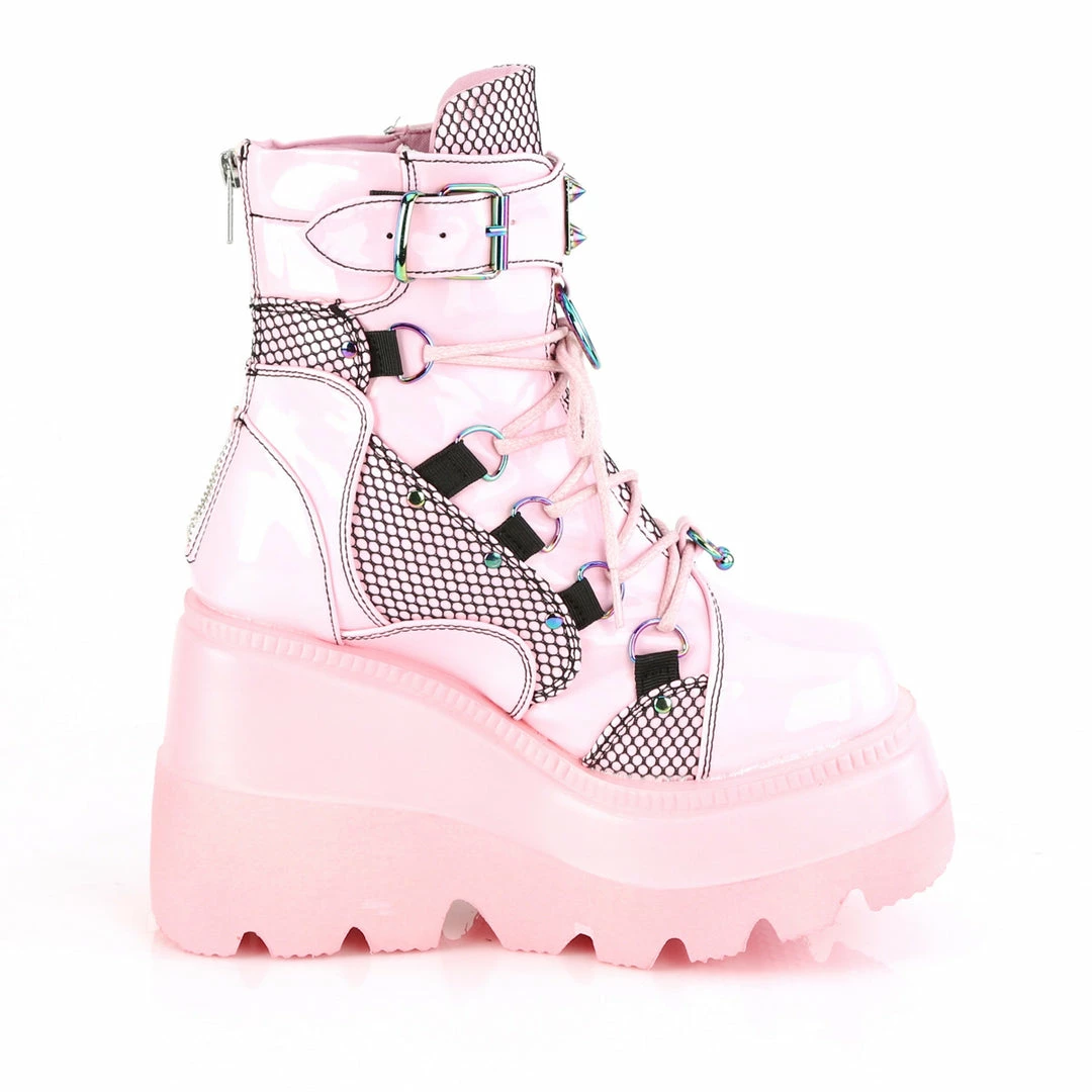 DEMONIA Shaker-60 Pink Spike Stud Fishnet Goth Platform Wedge Ankle Calf Boots