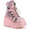 DEMONIA Shaker-60 Pink Spike Stud Fishnet Goth Platform Wedge Ankle Calf Boots