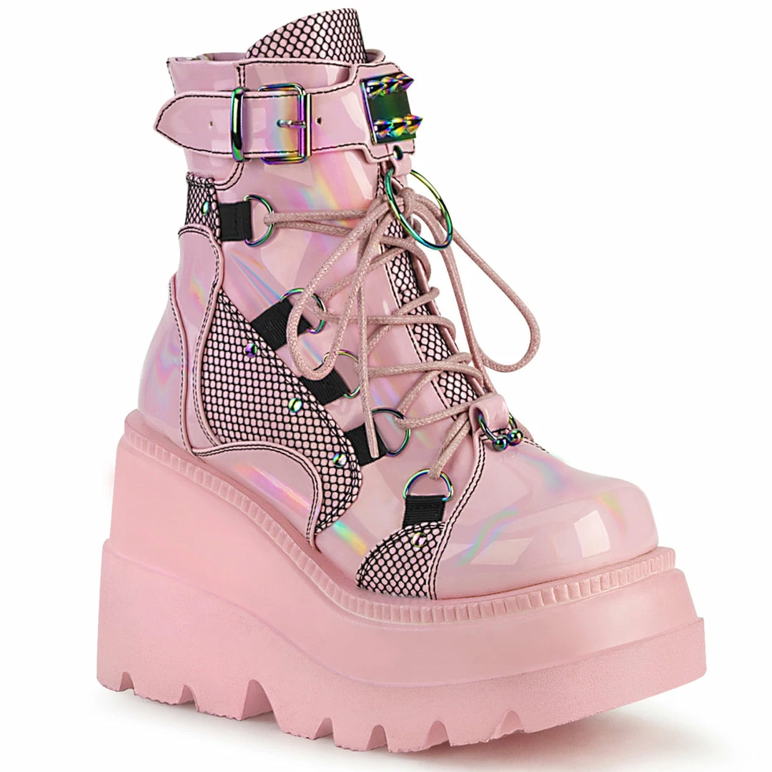 DEMONIA Shaker-60 Pink Spike Stud Fishnet Goth Platform Wedge Ankle Calf Boots