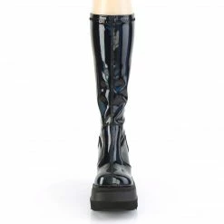 DEMONIA Shaker-65 Black Hologram Patent Goth Wedge Platform Stretch Knee Boots