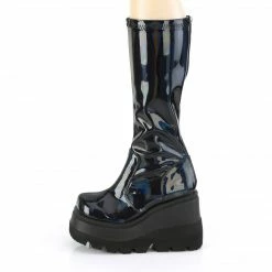 DEMONIA Shaker-65 Black Hologram Patent Goth Wedge Platform Stretch Knee Boots