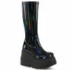 DEMONIA Shaker-65 Black Hologram Patent Goth Wedge Platform Stretch Knee Boots