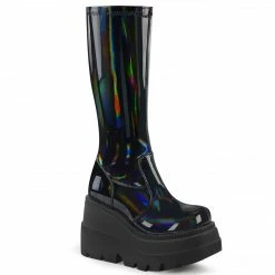 DEMONIA Shaker-65 Black Hologram Patent Goth Wedge Platform Stretch Knee Boots