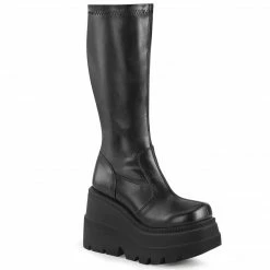 DEMONIA Shaker-65 Black Vegan Leather Goth Wedge Platform Stretch Knee Boots