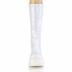 DEMONIA Shaker-65 White Hologram Goth Wedge Platform Stretch Knee Boots