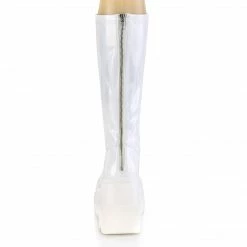 DEMONIA Shaker-65 White Hologram Goth Wedge Platform Stretch Knee Boots