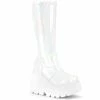 DEMONIA Shaker-65 White Hologram Goth Wedge Platform Stretch Knee Boots
