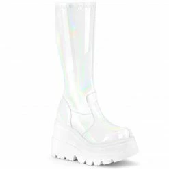 DEMONIA Shaker-65 White Hologram Goth Wedge Platform Stretch Knee Boots