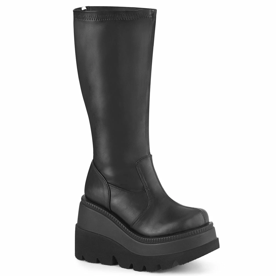 DEMONIA Shaker-65WC WIDE WIDTH Goth Wedge Platform Stretch Knee Boots