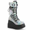 DEMONIA Shaker-70 Silver Hologram Fishnet Spike Plate Goth Platform Knee Boots