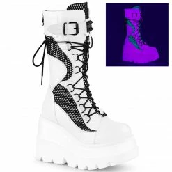 DEMONIA Shaker-70 White Black Fishnet Spike Plate Goth Platform Calf Knee Boots
