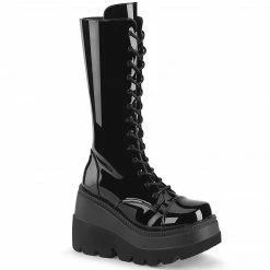 DEMONIA Shaker-72 Black Patent Goth Platforms Wedges Mid Calf Knee Boots