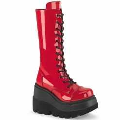 DEMONIA Shaker-72 Red Patent Goth Platforms Wedges Mid Calf Knee Boots