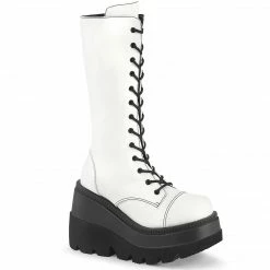 DEMONIA Shaker-72 White Vegan Leather Goth Platforms Wedges Mid Calf Knee Boots